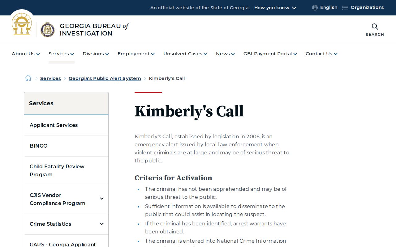 Georgia active warrant alert criteria described on the Kimberly's Call program page