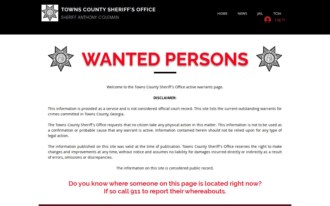 Georgia active warrant list disclaimer and field headings, without individual entries