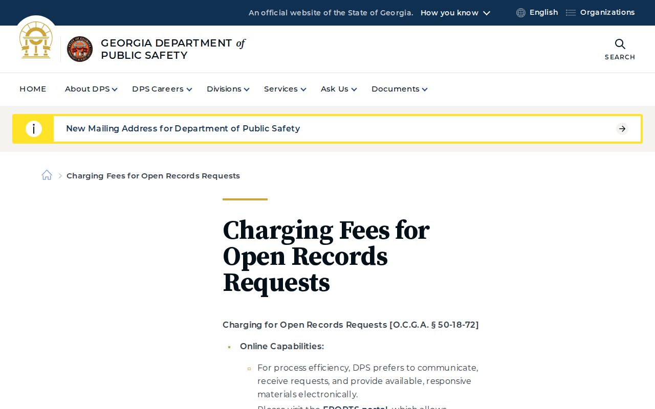Georgia warrant system and DPS open-records fee table for agency-held records